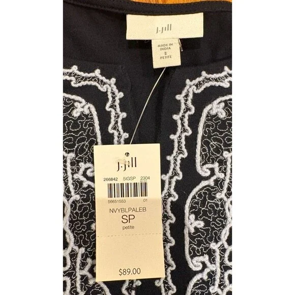 J Jill Women's Shirt SP Small Petite Long Sleeve Navy Blue Tunic Embroidered NWT - Picture 6 of 11